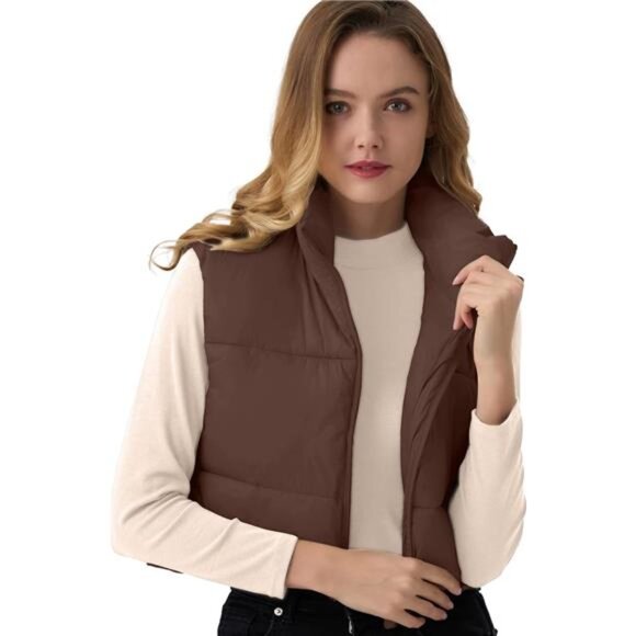 Women's Cropped Puffer Vest Lightweight Sleeveless Warm Vests For Women Winter - Picture 4 of 7